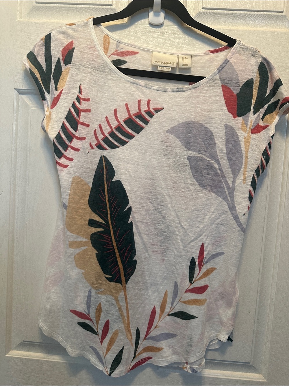 Cynthia Rowley Off-White 100% Linen Scoop Neck Tee with Multicolor Leaf Print M